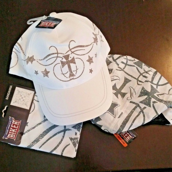 American Biker Accessories - Biker Cap, Bandanna & Hat Set 3 Pieces - NWT White